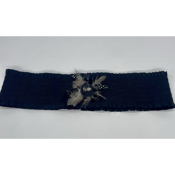 Lake Shore Drive Accessories Black Stretch Belt Feathers Crystals Victorian Boho - Picture 2 of 3